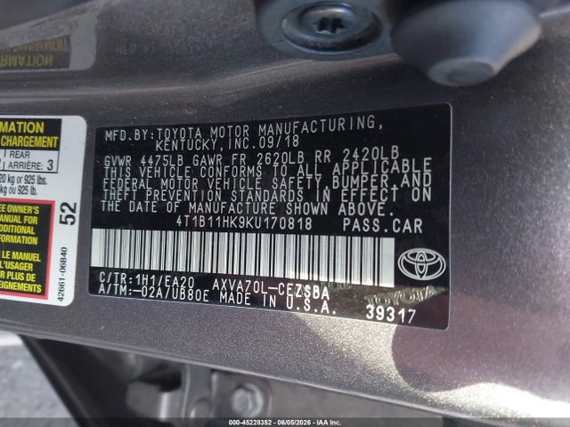 4T1B11HK9KU170818 Toyota CAMRY SE