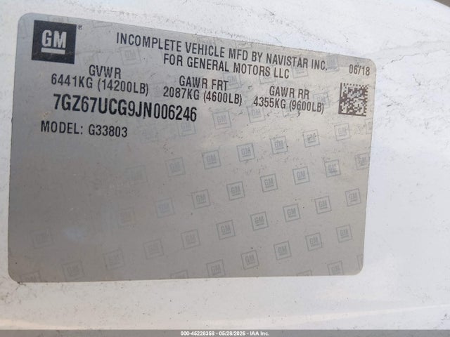 45228358 :رقم المزاد ، 7GZ67UCG9JN006246 vin ، 2018 Gmc Savana Cutaway 4500 Van مزاد بيع