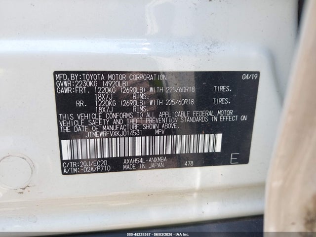 Aukcja sprzedaży 2019 Toyota Rav4 Hybrid Xse, vin: JTMEWRFVXKJ014531, numer aukcji: 45228367