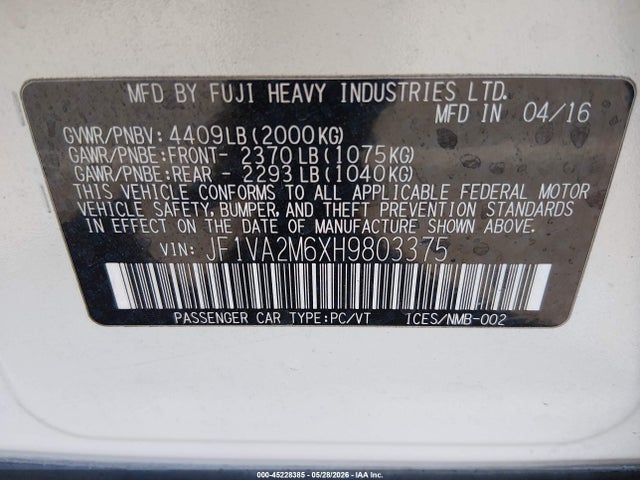 45228385 :رقم المزاد ، JF1VA2M6XH9803375 vin ، 2017 Subaru Wrx Sti مزاد بيع