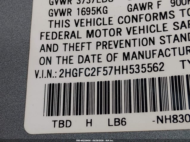 Honda Civic Lx 2017 2HGFC2F57HH535562 Image 9