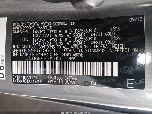 45228410 :رقم المزاد ، JTJBM7FX8E5065048 vin ، 2014 Lexus Gx 460 مزاد بيع