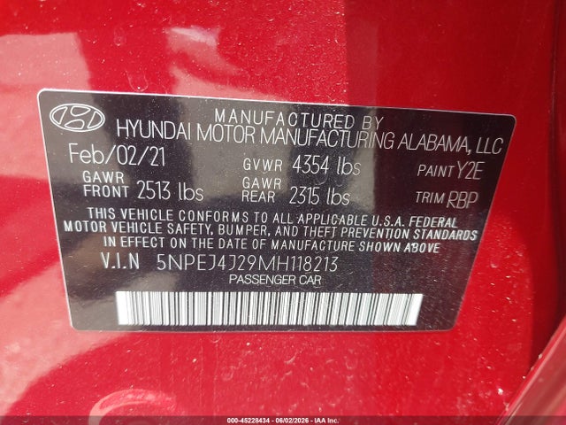 Auction sale of the 2021 Hyundai Sonata Sel Plus, vin: 5NPEJ4J29MH118213, lot number: 45228434