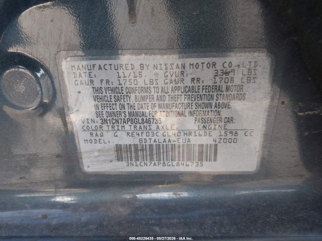 45228435 :رقم المزاد ، 3N1CN7AP8GL846735 vin ، 2016 Nissan Versa 1.6 S مزاد بيع