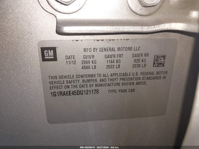 45228478 :رقم المزاد ، 1G1RA6E45DU121178 vin ، 2013 Chevrolet Volt مزاد بيع