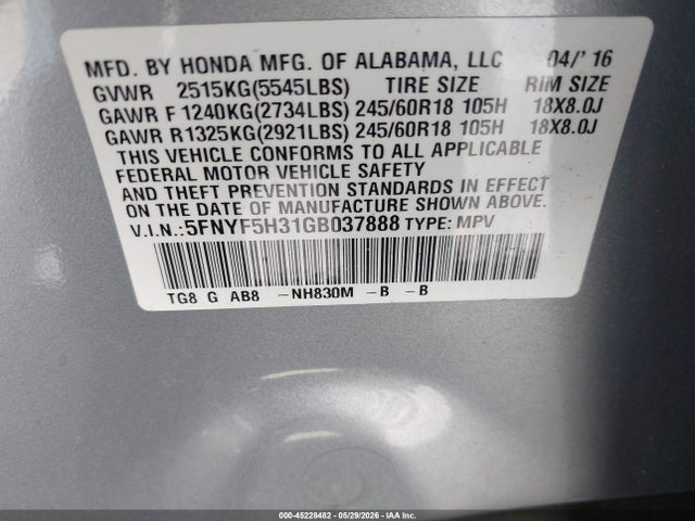 Honda Pilot Ex 2016 5FNYF5H31GB037888 Image 9