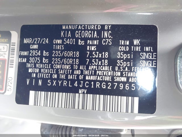 Продаж на аукціоні авто 2024 Kia Sorento S, vin: 5XYRL4JC1RG279657, номер лоту: 45228483