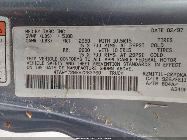 Aukcja sprzedaży 1997 Toyota Tacoma, vin: 4TAWM72N8VZ283360, numer aukcji: 45228492