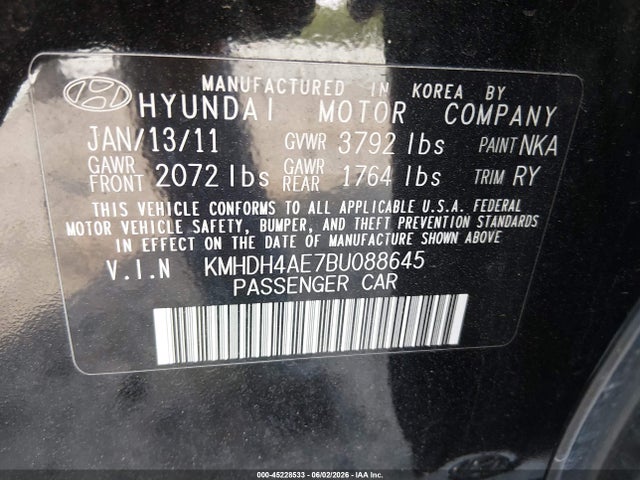Продажа на аукционе авто 2011 Hyundai Elantra Limited (ulsan Plant), vin: KMHDH4AE7BU088645, номер лота: 45228533