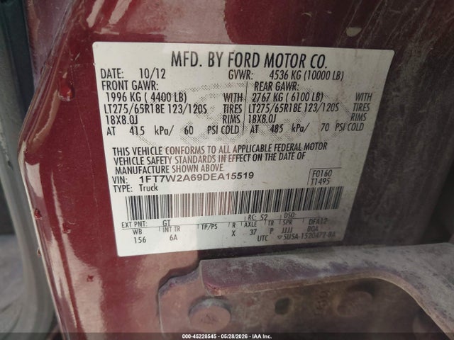 Aukcja sprzedaży 2013 Ford F-250 Lariat, vin: 1FT7W2A69DEA15519, numer aukcji: 45228545