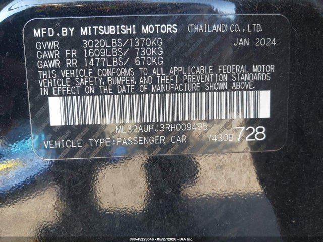 45228546 :رقم المزاد ، ML32AUHJ3RH009495 vin ، 2024 Mitsubishi Mirage Es/le مزاد بيع