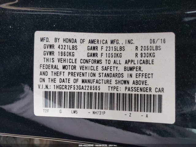 Aukcja sprzedaży 2016 Honda Accord Sport, vin: 1HGCR2F53GA228565, numer aukcji: 45228549
