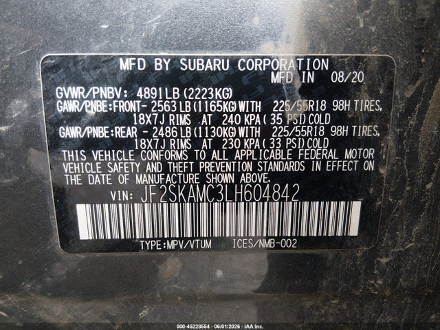 45228554 :رقم المزاد ، JF2SKAMC3LH604842 vin ، 2020 Subaru Forester Sport مزاد بيع