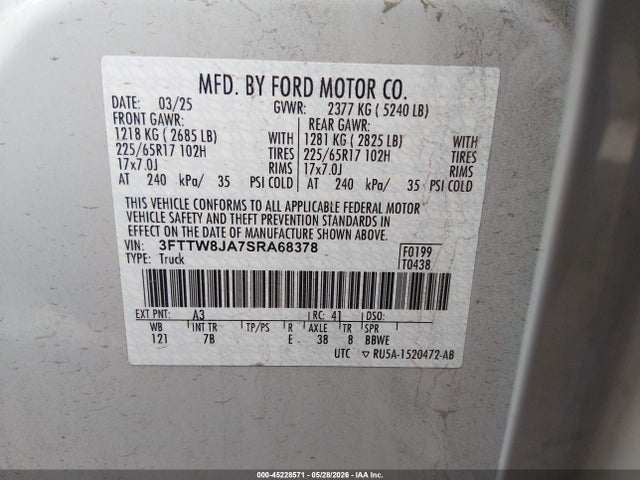Aukcja sprzedaży 2025 Ford Maverick Xlt, vin: 3FTTW8JA7SRA68378, numer aukcji: 45228571