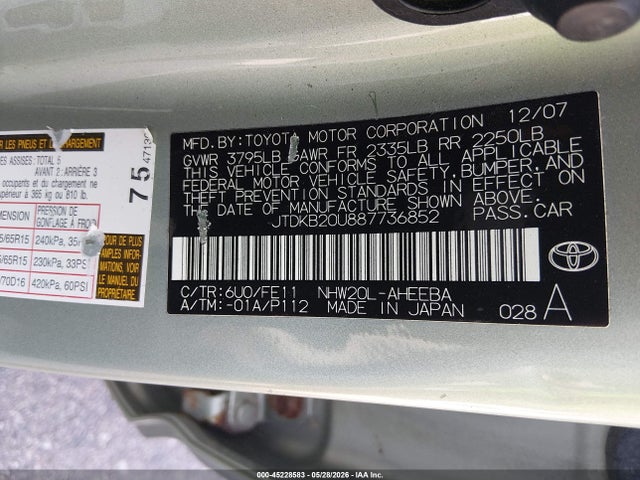 Aukcja sprzedaży 2008 Toyota Prius, vin: JTDKB20U887736852, numer aukcji: 45228583