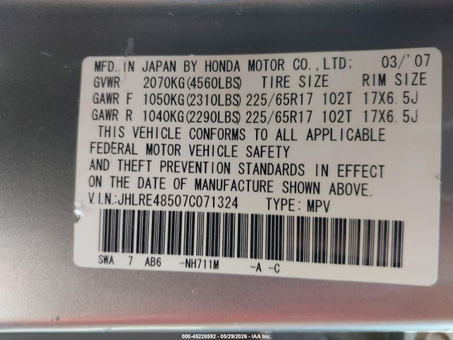 Aukcja sprzedaży 2007 Honda Cr-v Ex, vin: JHLRE48507C071324, numer aukcji: 45228592