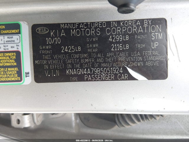 45228613 :رقم المزاد ، KNAGN4A79B5051924 vin ، 2011 Kia Optima Ex مزاد بيع