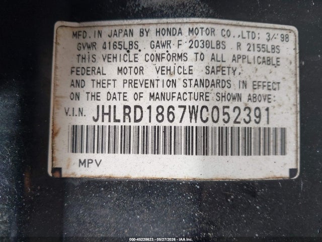 Aukcja sprzedaży 1998 Honda Cr-v Ex, vin: JHLRD1867WC052391, numer aukcji: 45228623