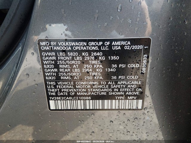 45228643 :رقم المزاد ، 1V26E2CA6LC210986 vin ، 2020 Volkswagen Atlas Cross Sport 3.6l V6 Se W/technology/3.6l V6 Se W/technology R-line مزاد بيع