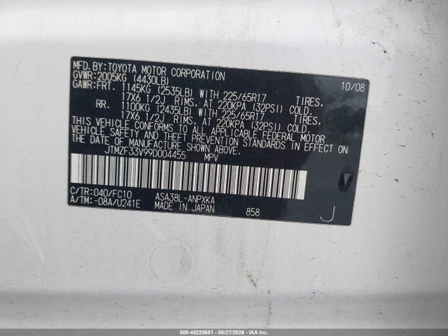 Aukcja sprzedaży 2009 Toyota Rav4, vin: JTMZF33V99D004455, numer aukcji: 45228651