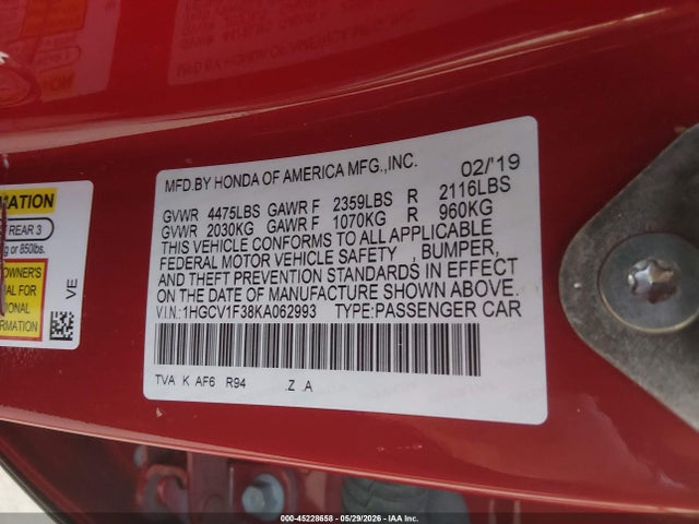 1HGCV1F38KA062993 Honda Accord Sport