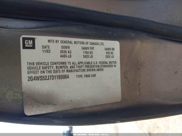 45228662 :رقم المزاد ، 2G4WS52J731189984 vin ، 2003 Buick Century Custom مزاد بيع