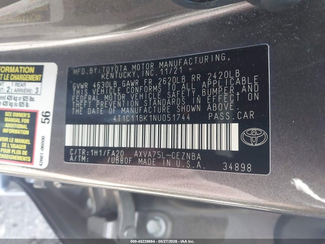 Продаж на аукціоні авто 2022 Toyota Camry Le Awd, vin: 4T1C11BK1NU051744, номер лоту: 45228664