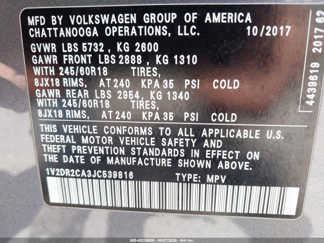 Aukcja sprzedaży 2018 Volkswagen Atlas 3.6l V6 Se/3.6l V6 Se W/technology, vin: 1V2DR2CA3JC539816, numer aukcji: 45228686
