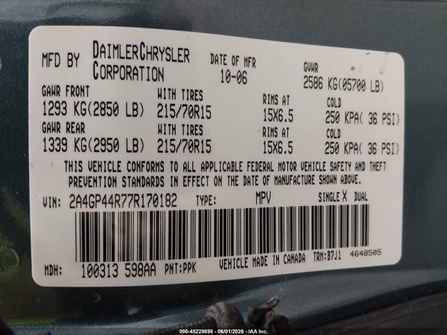 45228698 :رقم المزاد ، 2A4GP44R77R170182 vin ، 2007 Chrysler Town & Country Lx مزاد بيع