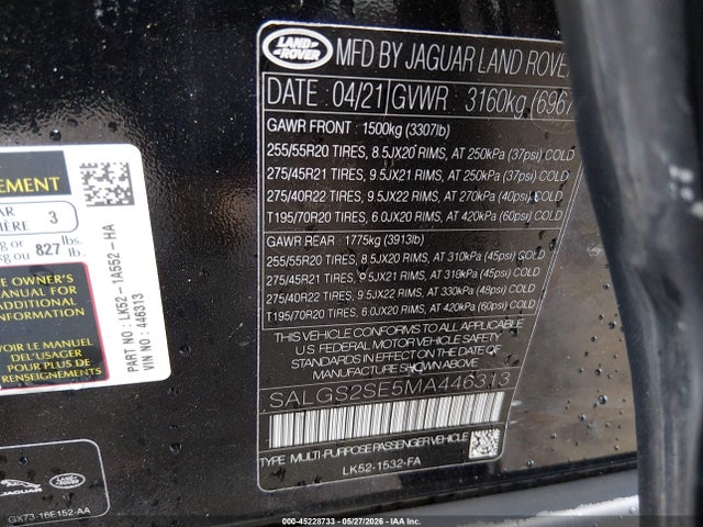 Продажа на аукционе авто 2021 Land Rover Range Rover P525 Westminster, vin: SALGS2SE5MA446313, номер лота: 45228733