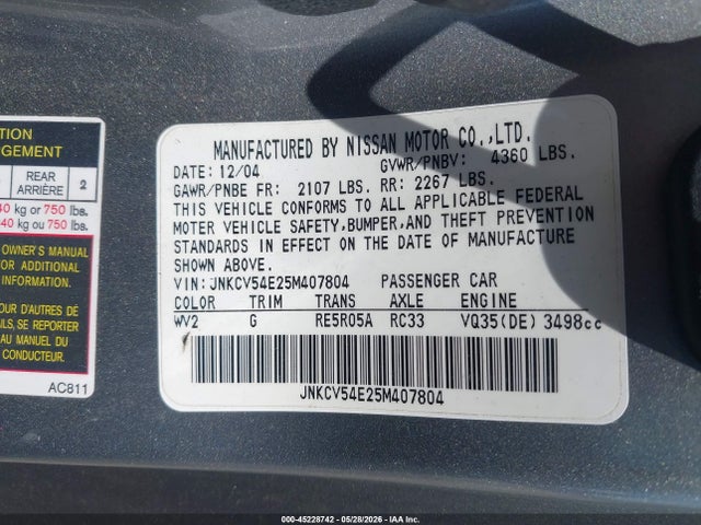Продаж на аукціоні авто 2005 Infiniti G35, vin: JNKCV54E25M407804, номер лоту: 45228742