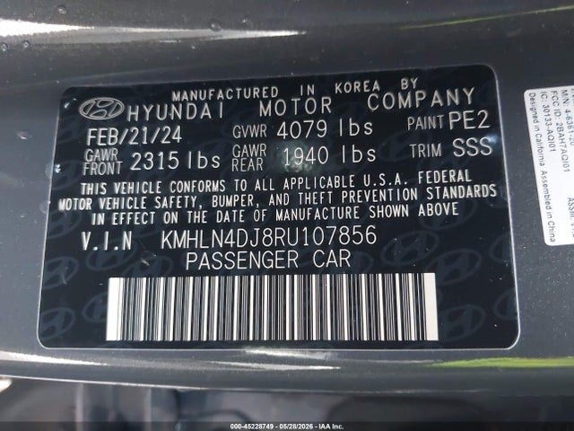 Aukcja sprzedaży 2024 Hyundai Elantra Hybrid Limited, vin: KMHLN4DJ8RU107856, numer aukcji: 45228749