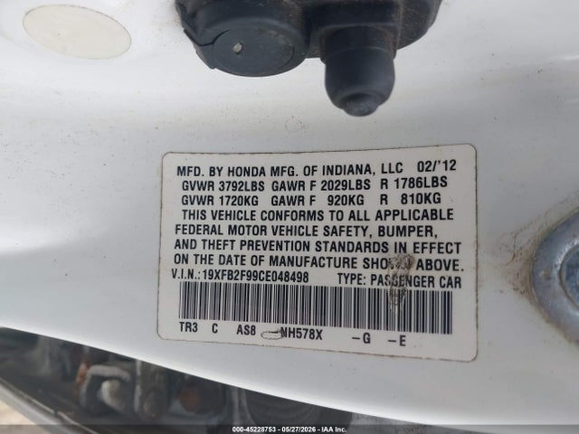Aukcja sprzedaży 2012 Honda Civic Ex-l, vin: 19XFB2F99CE048498, numer aukcji: 45228753
