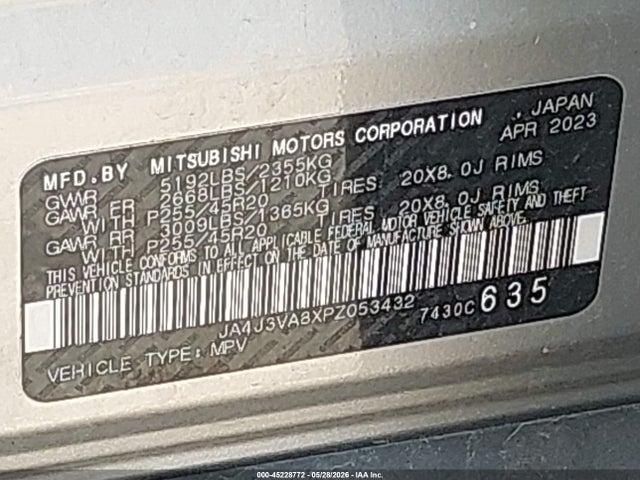 45228772 :رقم المزاد ، JA4J3VA8XPZ053432 vin ، 2023 Mitsubishi Outlander Sel 2.5 2wd مزاد بيع