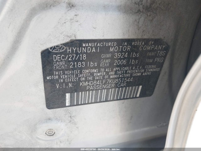 Продажа на аукционе авто 2019 Hyundai Elantra Value Edition, vin: KMHD84LF7KU851544, номер лота: 45228780