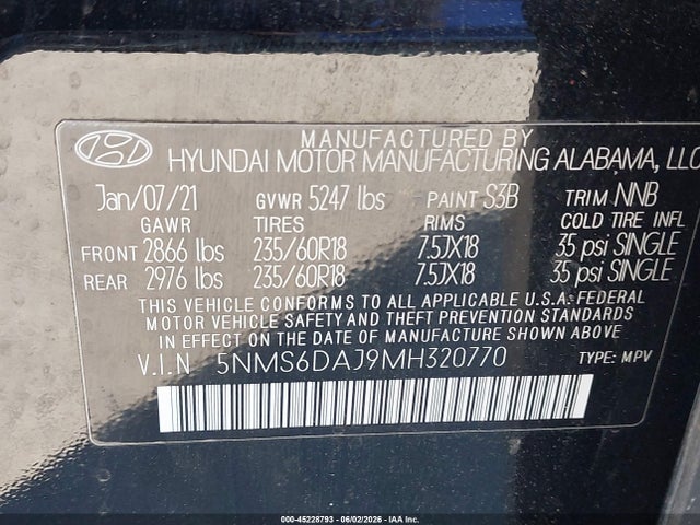 Aukcja sprzedaży 2021 Hyundai Santa Fe Sel, vin: 5NMS6DAJ9MH320770, numer aukcji: 45228793