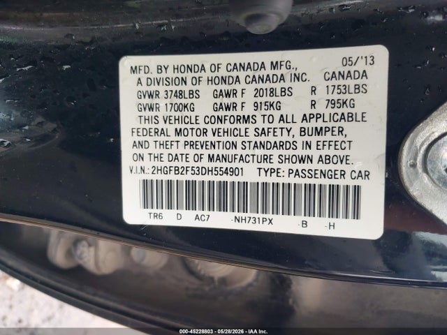 Auction sale of the 2013 Honda Civic Lx, vin: 2HGFB2F53DH554901, lot number: 45228803