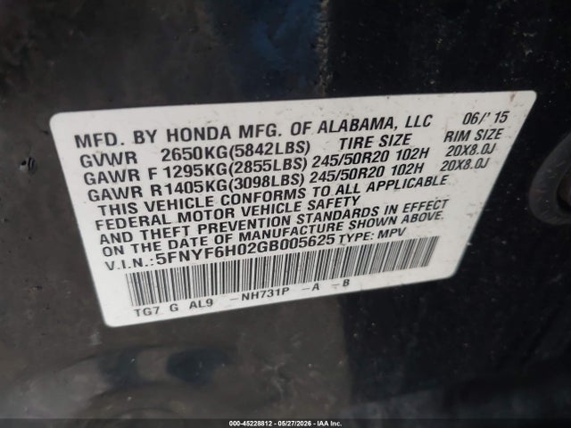 Aukcja sprzedaży 2016 Honda Pilot Elite, vin: 5FNYF6H02GB005625, numer aukcji: 45228812