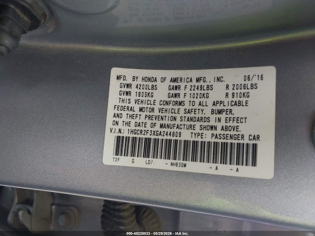 Honda ACCORD LX 2016 1HGCR2F3XGA244809 Image 9