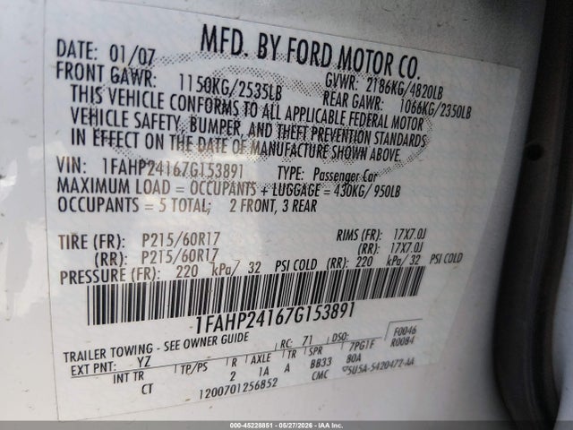 Продаж на аукціоні авто 2007 Ford Five Hundred Sel, vin: 1FAHP24167G153891, номер лоту: 45228851