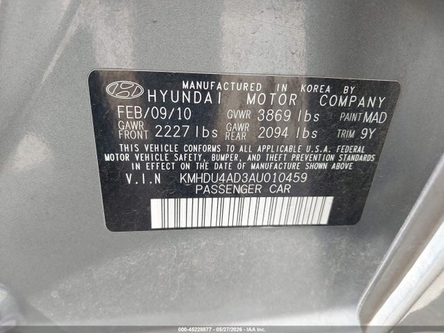 Aukcja sprzedaży 2010 Hyundai Elantra Gls, vin: KMHDU4AD3AU010459, numer aukcji: 45228877