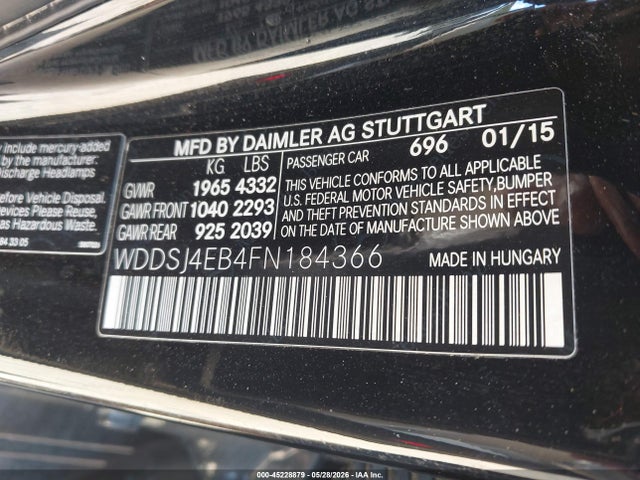 Aukcja sprzedaży 2015 Mercedes-benz Cla 250, vin: WDDSJ4EB4FN184366, numer aukcji: 45228879