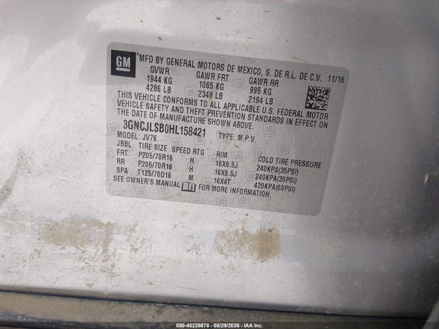 Продаж на аукціоні авто 2017 Chevrolet Trax Lt, vin: 3GNCJLSB0HL158421, номер лоту: 45228878