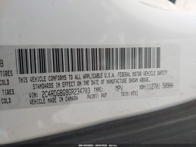 Aukcja sprzedaży 2016 Dodge Grand Caravan Se, vin: 2C4RDGBG9GR234703, numer aukcji: 45228883