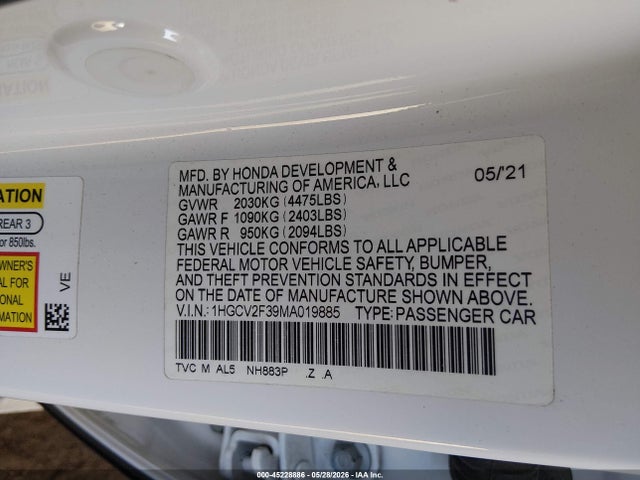 Aukcja sprzedaży 2021 Honda Accord Sport 2.0t, vin: 1HGCV2F39MA019885, numer aukcji: 45228886