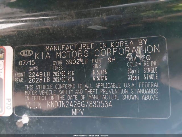 Aukcja sprzedaży 2016 Kia Soul, vin: KNDJN2A26G7830534, numer aukcji: 45228891