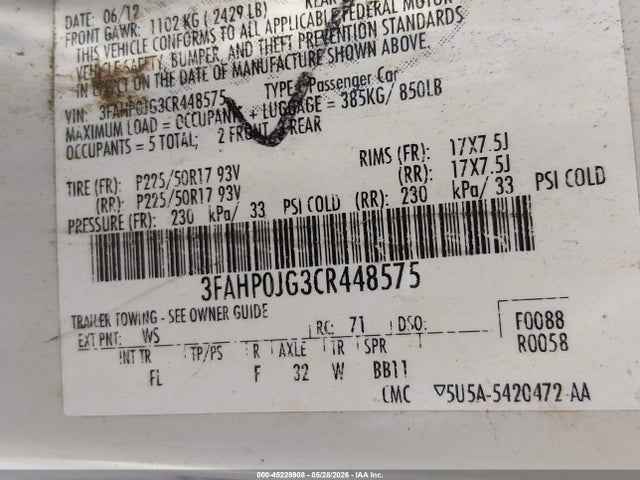 Продаж на аукціоні авто 2012 Ford Fusion Sel, vin: 3FAHP0JG3CR448575, номер лоту: 45228908