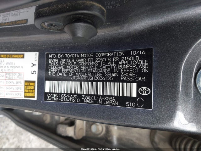 Aukcja sprzedaży 2017 Toyota Prius Three, vin: JTDKARFU2H3036125, numer aukcji: 45228909