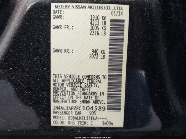Продажа на аукционе авто 2015 Nissan Altima 2.5 Sv, vin: 1N4AL3AP2FC104589, номер лота: 45228914