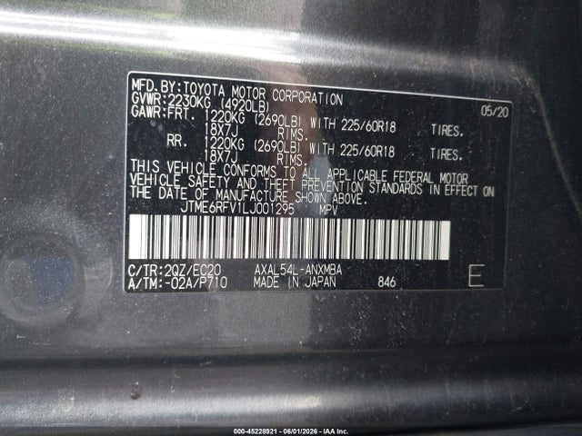 45228921 :رقم المزاد ، JTME6RFV1LJ001295 vin ، 2020 Toyota Rav4 Hybrid Xse مزاد بيع
